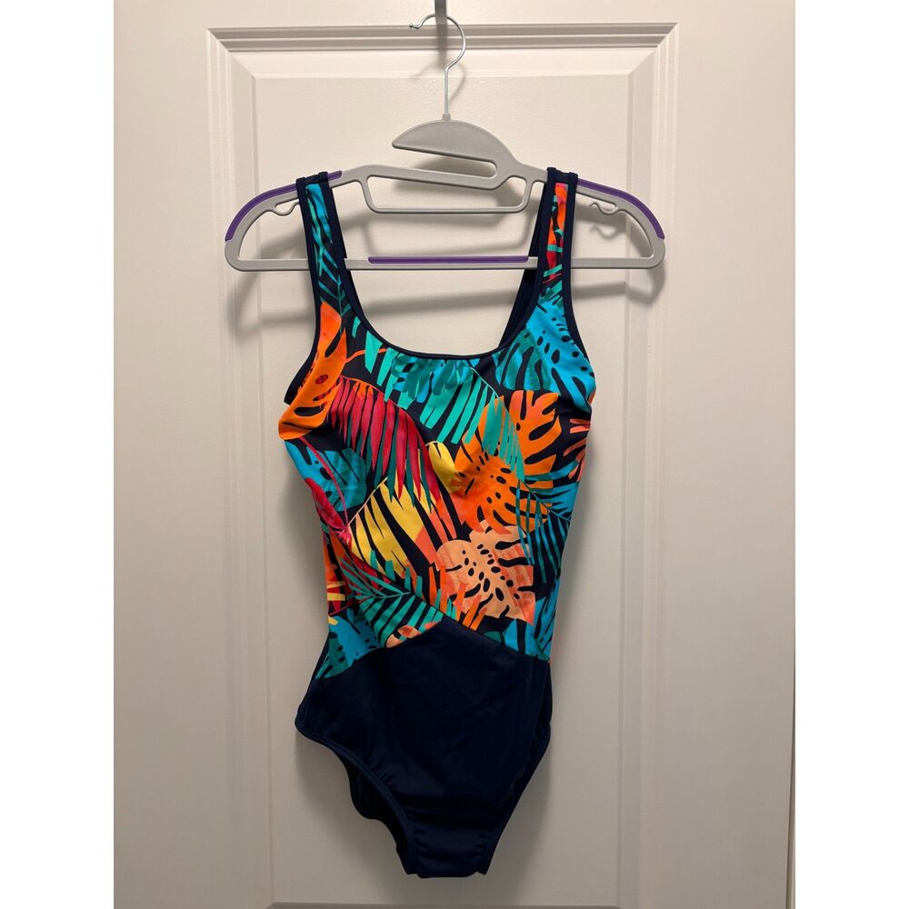 Lands End NWT One Piece Swimsuit Size 6 Tropical Print Navy Full Coverage Padded - Picture 2 of 10